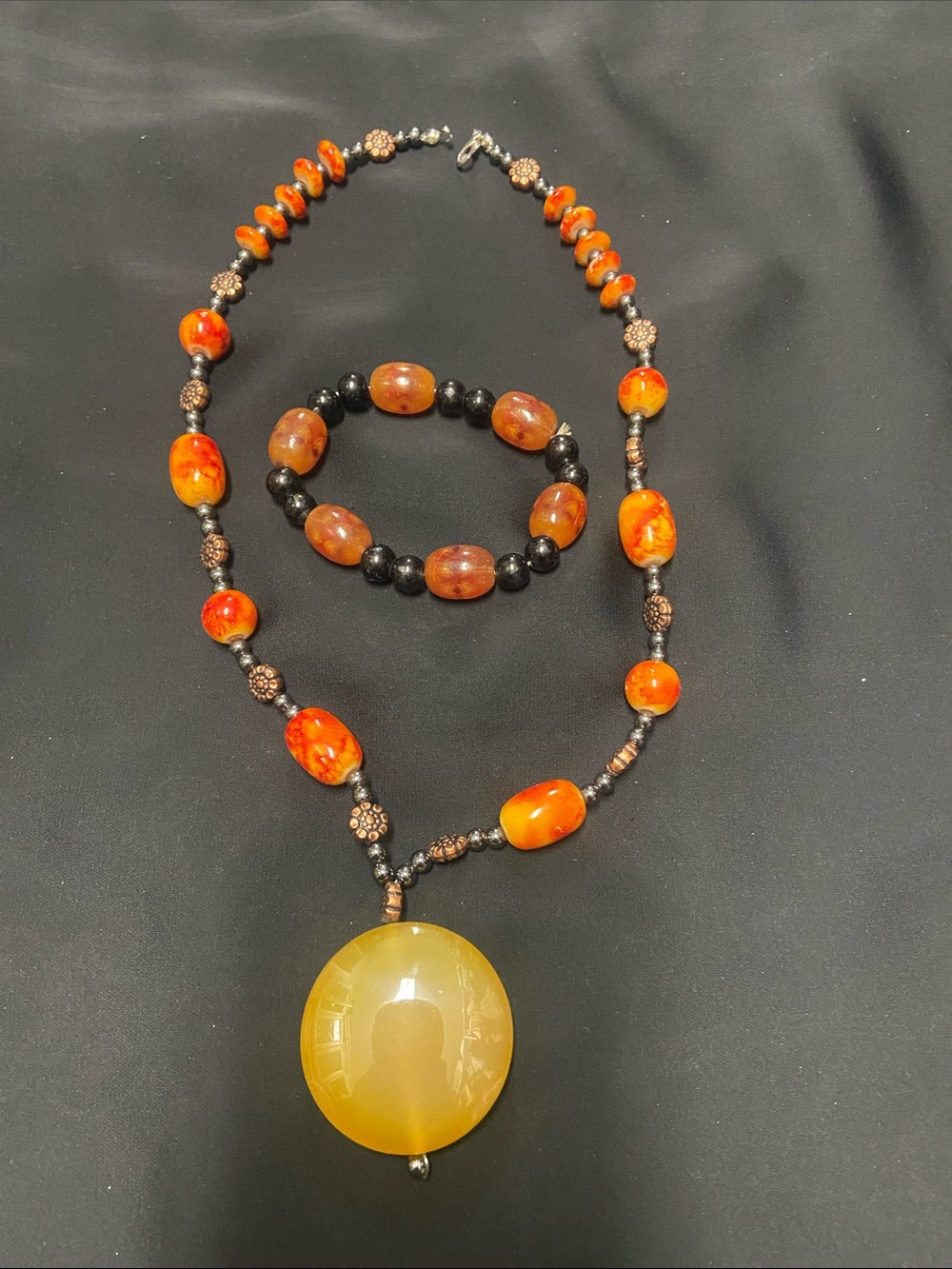 Orange Bead Necklace and Matching Bracelet Set with Round Amber Pendant